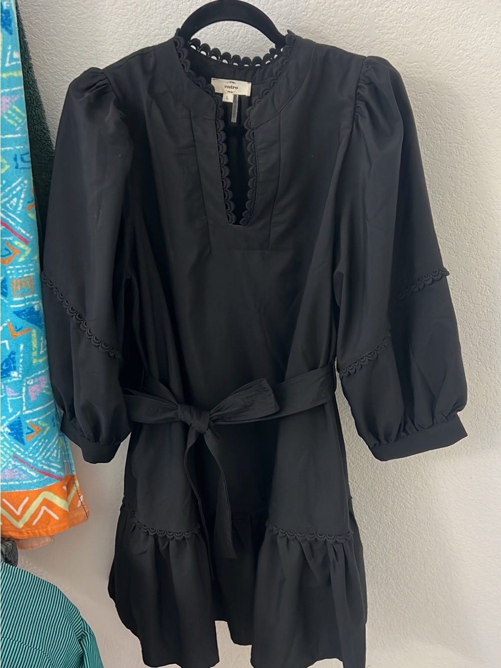 entro Black Puff-Sleeve Belted Mini Dress with Scalloped Trim